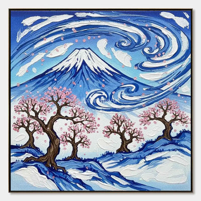 Fuji in Motion: Blue Mountain and Cherry Blossom Square Wall Art — primary