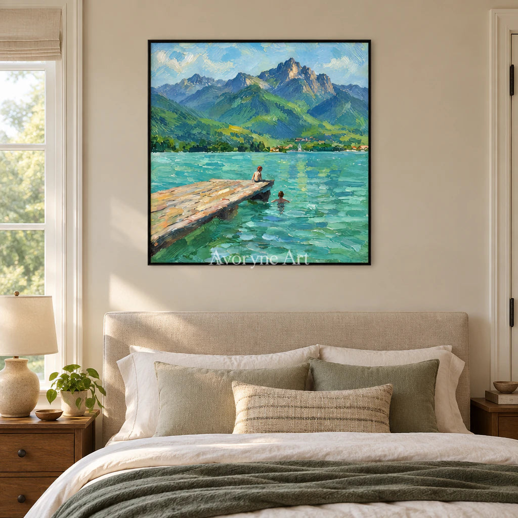 Lakeside Pause: Blue Mountain Landscape Wall Art — bedroom black
