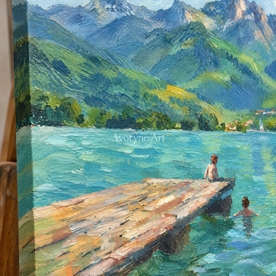 Lakeside Pause: Blue Mountain Landscape Wall Art — detail easel