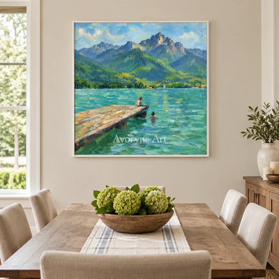 Lakeside Pause: Blue Mountain Landscape Wall Art — dining white