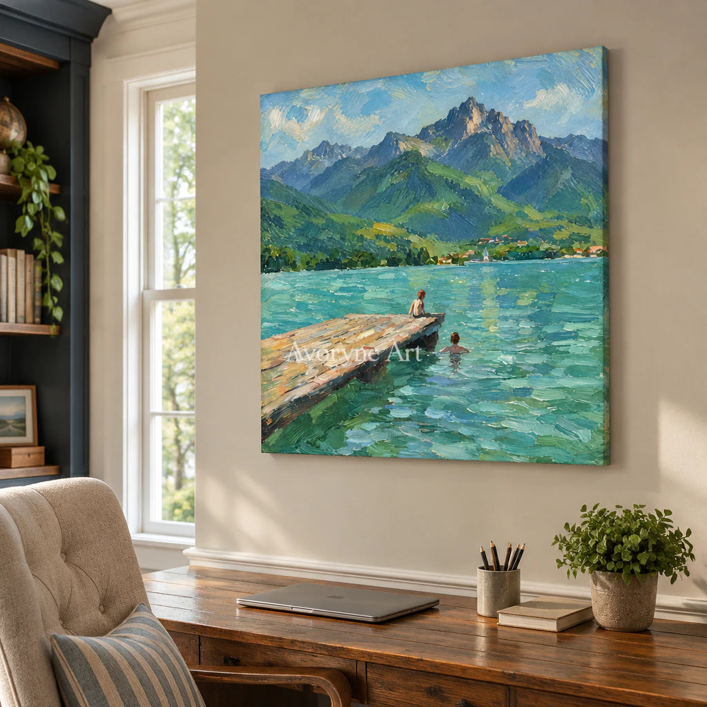 Lakeside Pause: Blue Mountain Landscape Wall Art — office frameless