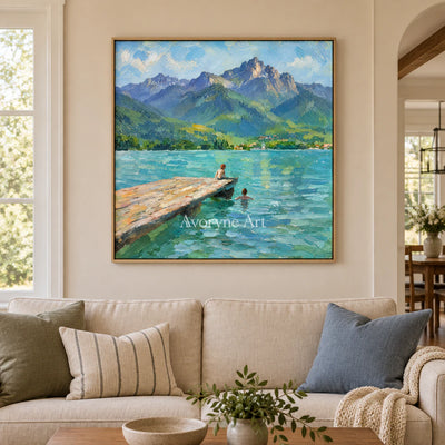 Lakeside Pause: Blue Mountain Landscape Wall Art — villa wood