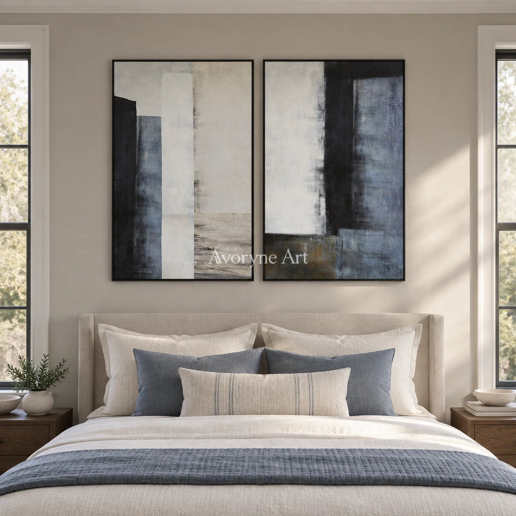 Aster Bloom: Blue Neutral Diptych — bedroom black