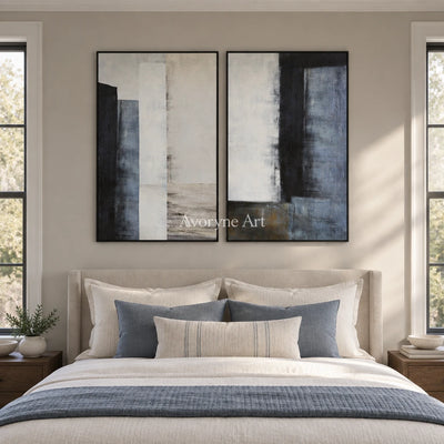 Aster Bloom: Blue Neutral Diptych — bedroom black
