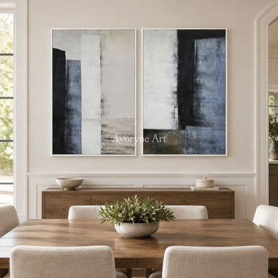 Aster Bloom: Blue Neutral Diptych — dining white