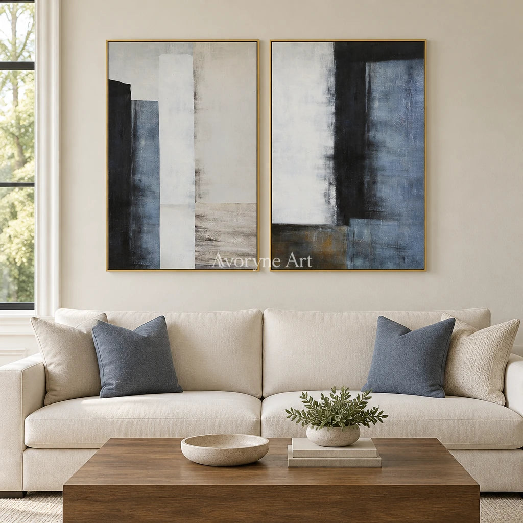 Aster Bloom: Blue Neutral Diptych — living gold