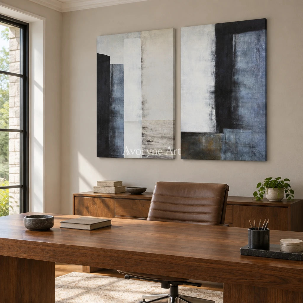 Aster Bloom: Blue Neutral Diptych — office frameless