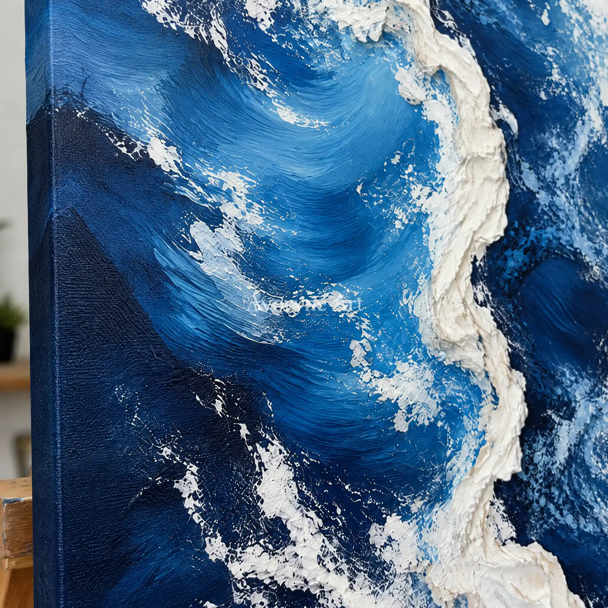 Deepwater Crest: Blue Ocean Wave Wall Art — detail easel