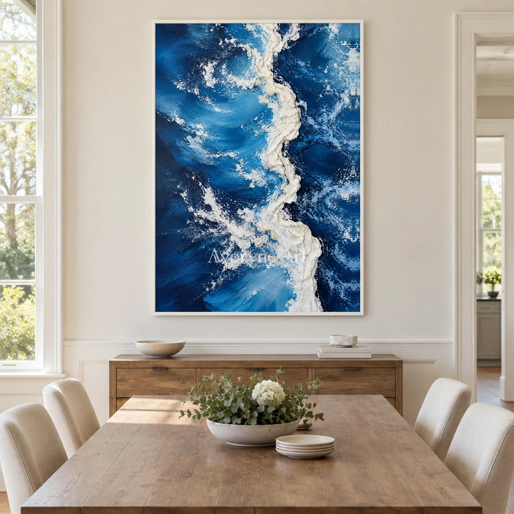 Deepwater Crest: Blue Ocean Wave Wall Art — dining white