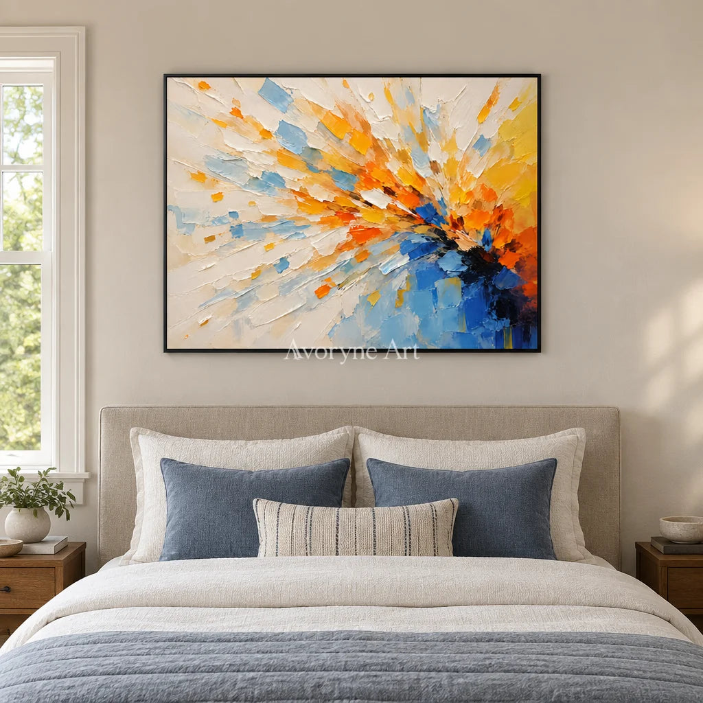 Sunburst Current: Blue Orange Abstract Wall Art — bedroom black