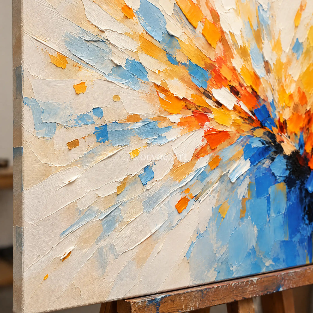 Sunburst Current: Blue Orange Abstract Wall Art — detail easel