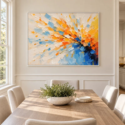 Sunburst Current: Blue Orange Abstract Wall Art — dining white