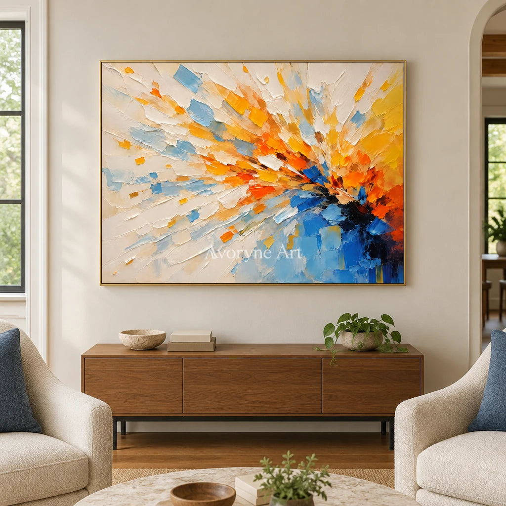 Sunburst Current: Blue Orange Abstract Wall Art — living gold