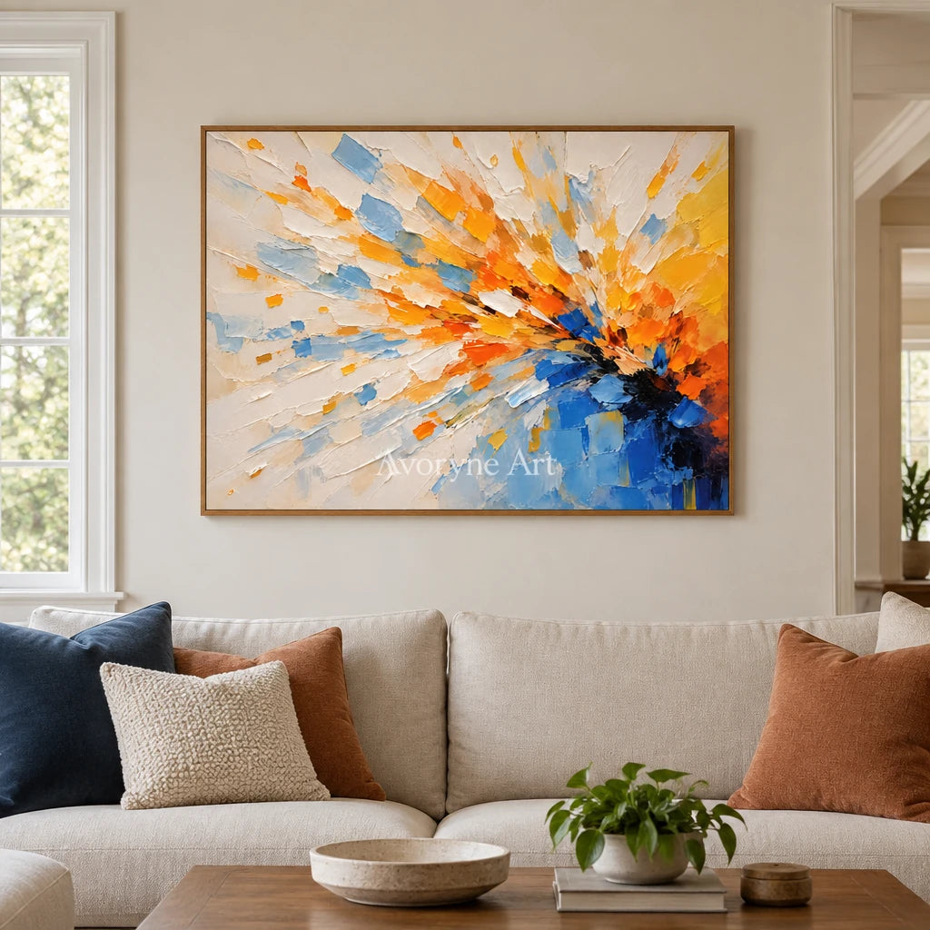 Sunburst Current: Blue Orange Abstract Wall Art — villa wood