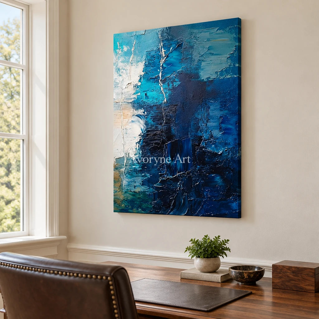 Aster Curve: Blue Palette Knife Art — office frameless
