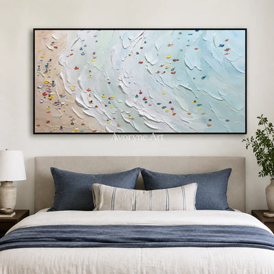 Shoreline Gathering: Blue Panoramic Beach Scene Wall Art — bedroom black