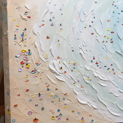 Shoreline Gathering: Blue Panoramic Beach Scene Wall Art — detail easel