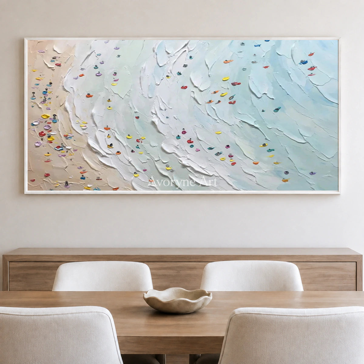 Shoreline Gathering: Blue Panoramic Beach Scene Wall Art — dining white