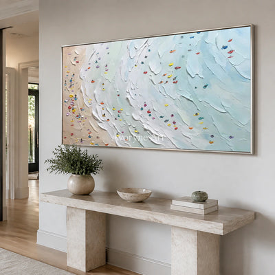 Shoreline Gathering: Blue Panoramic Beach Scene Wall Art — entry silver