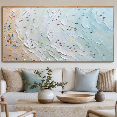 Shoreline Gathering: Blue Panoramic Beach Scene Wall Art — hotel wood