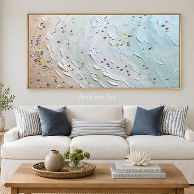 Shoreline Gathering: Blue Panoramic Beach Scene Wall Art — living gold