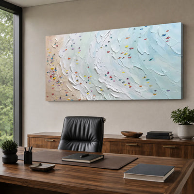 Shoreline Gathering: Blue Panoramic Beach Scene Wall Art — office frameless
