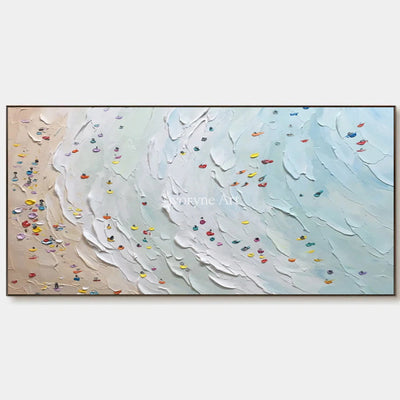 Shoreline Gathering: Blue Panoramic Beach Scene Wall Art — primary