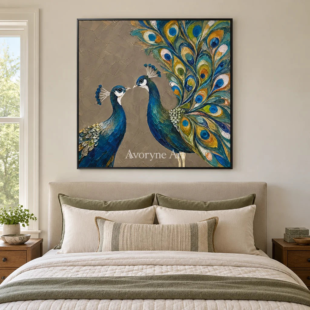 Peacock Duet: Blue Peacock Textured Wall Art — bedroom black