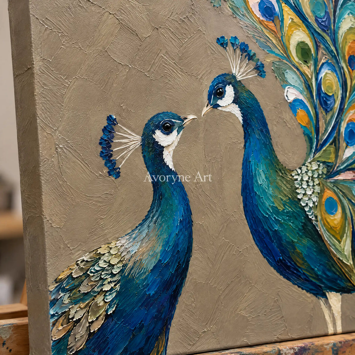 Peacock Duet: Blue Peacock Textured Wall Art — detail easel