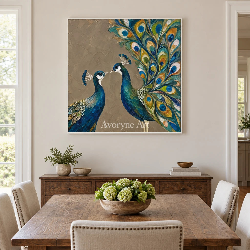 Peacock Duet: Blue Peacock Textured Wall Art — dining white