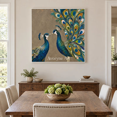 Peacock Duet: Blue Peacock Textured Wall Art — dining white