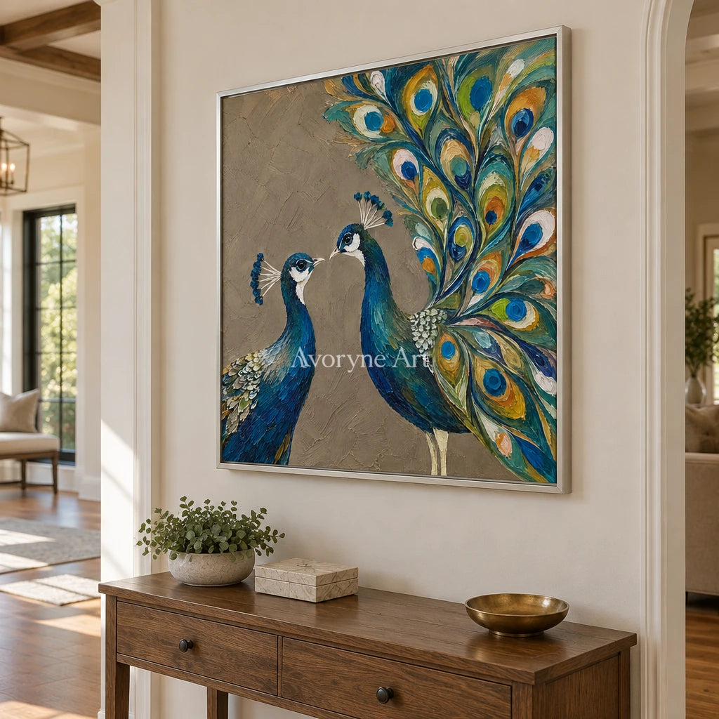 Peacock Duet: Blue Peacock Textured Wall Art — entry silver