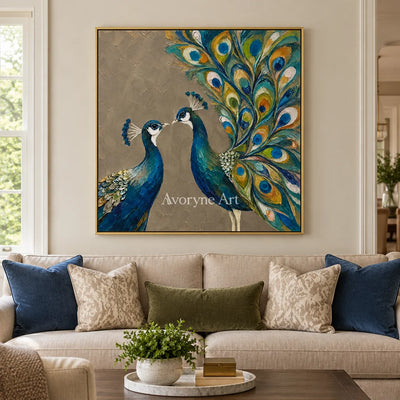Peacock Duet: Blue Peacock Textured Wall Art — living gold