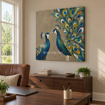 Peacock Duet: Blue Peacock Textured Wall Art — office frameless