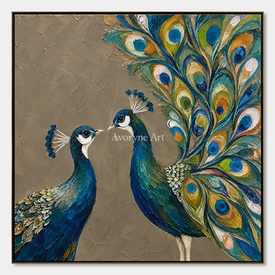 Peacock Duet: Blue Peacock Textured Wall Art — primary