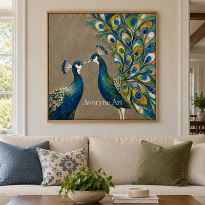 Peacock Duet: Blue Peacock Textured Wall Art — villa wood