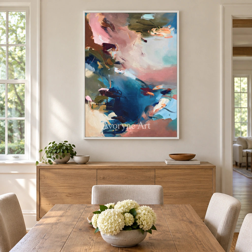 Ivory Lucent Vista: Blue Pink Abstract — dining white
