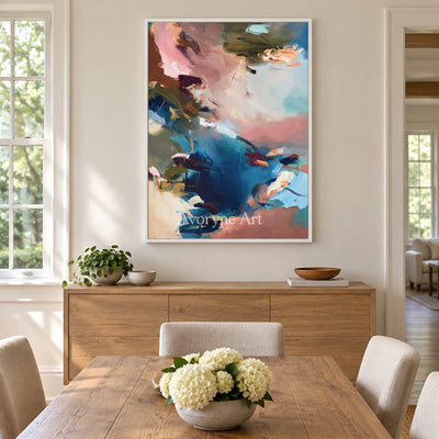 Ivory Lucent Vista: Blue Pink Abstract — dining white