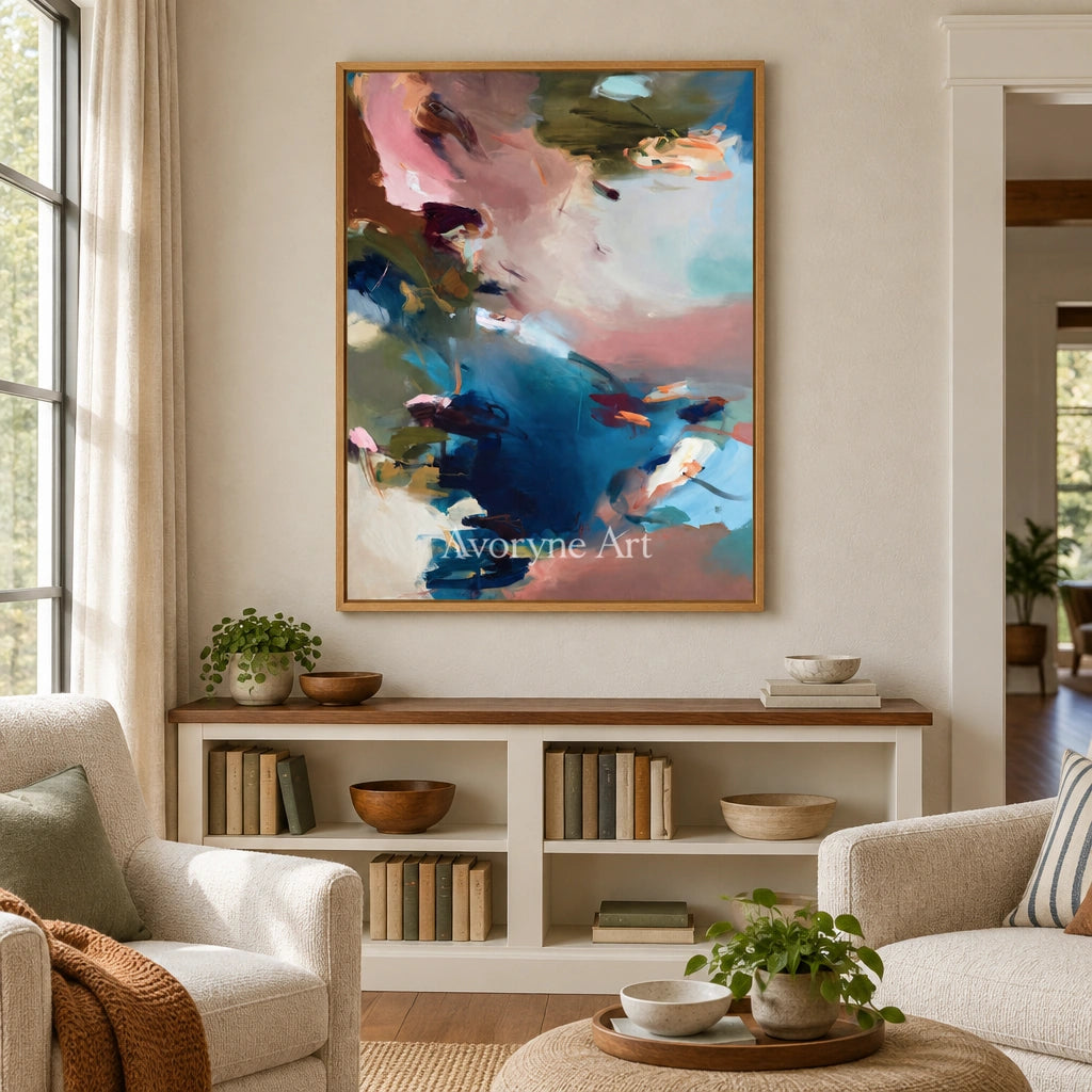 Ivory Lucent Vista: Blue Pink Abstract — villa wood