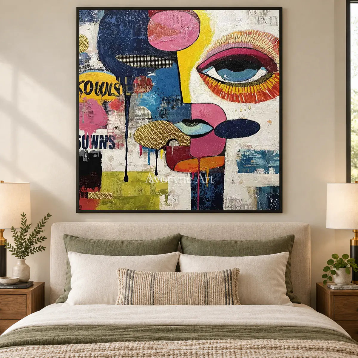 Mosaic Gaze: Blue Pop Art Face Wall Art — bedroom black