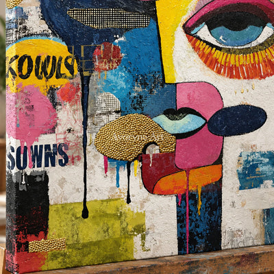 Mosaic Gaze: Blue Pop Art Face Wall Art — detail easel