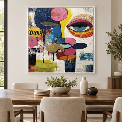 Mosaic Gaze: Blue Pop Art Face Wall Art — dining white
