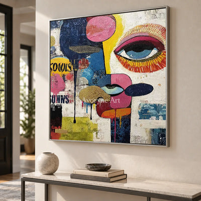 Mosaic Gaze: Blue Pop Art Face Wall Art — entry silver
