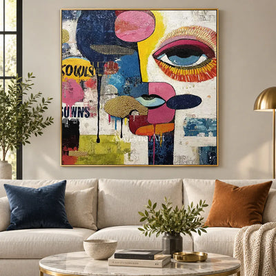 Mosaic Gaze: Blue Pop Art Face Wall Art — living gold