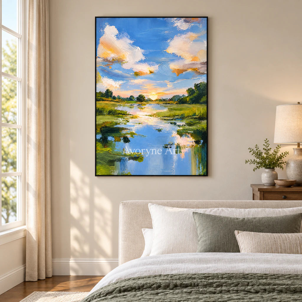 Summer Reflection: Blue River Landscape Wall Art — bedroom black