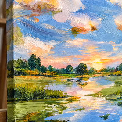 Summer Reflection: Blue River Landscape Wall Art — detail easel