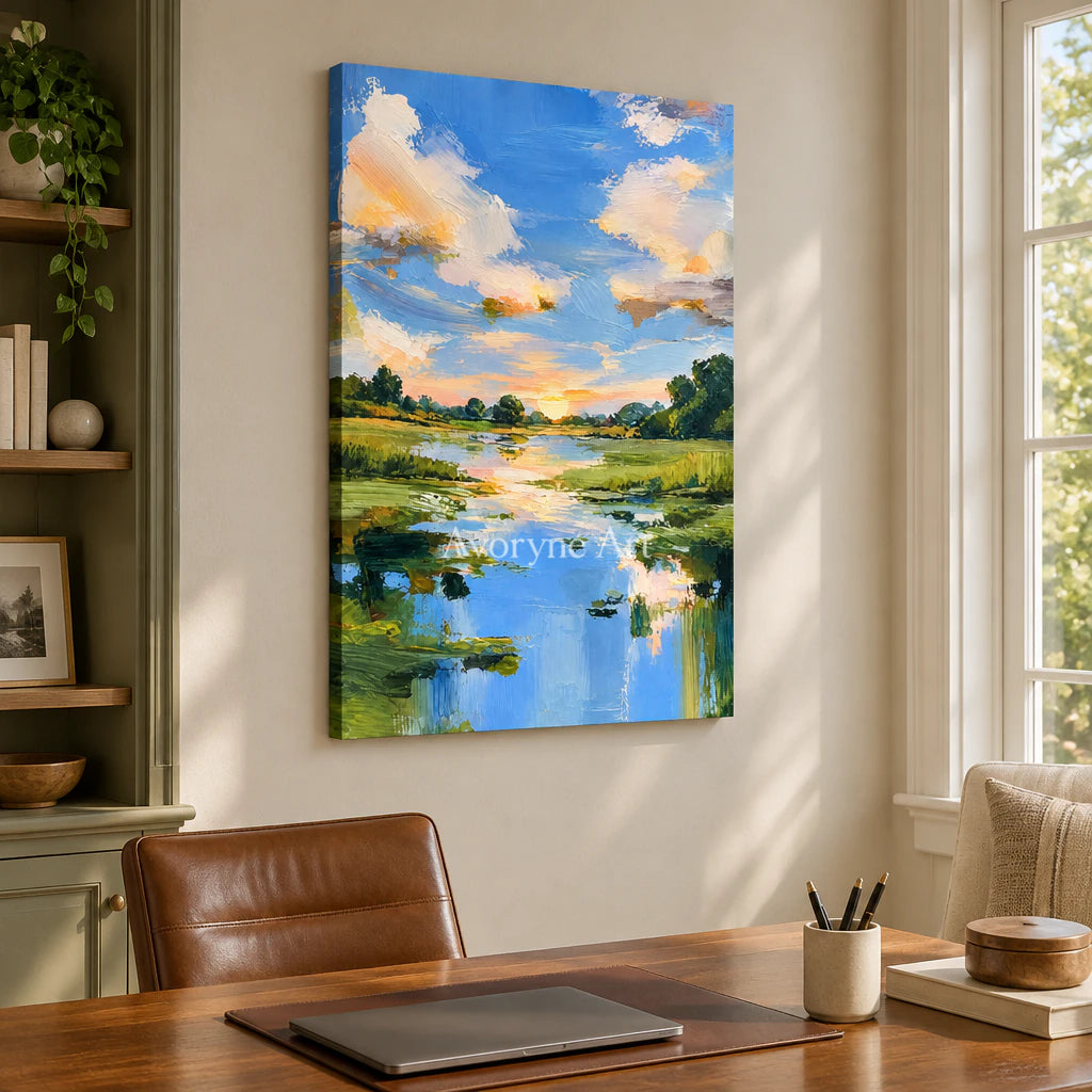 Summer Reflection: Blue River Landscape Wall Art — office frameless