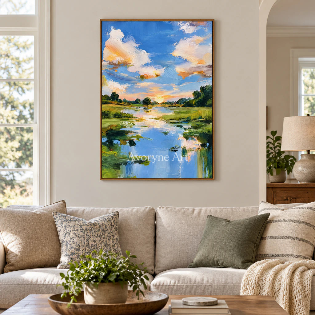 Summer Reflection: Blue River Landscape Wall Art — villa wood