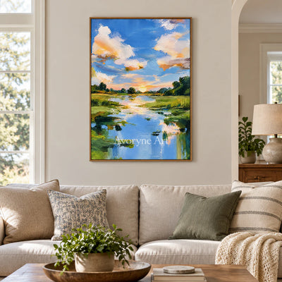 Summer Reflection: Blue River Landscape Wall Art — villa wood