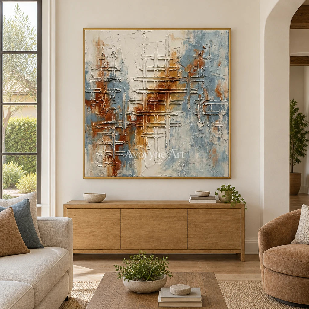Woven Verse blue rust texture wall art with a gold frame hanging in a living room